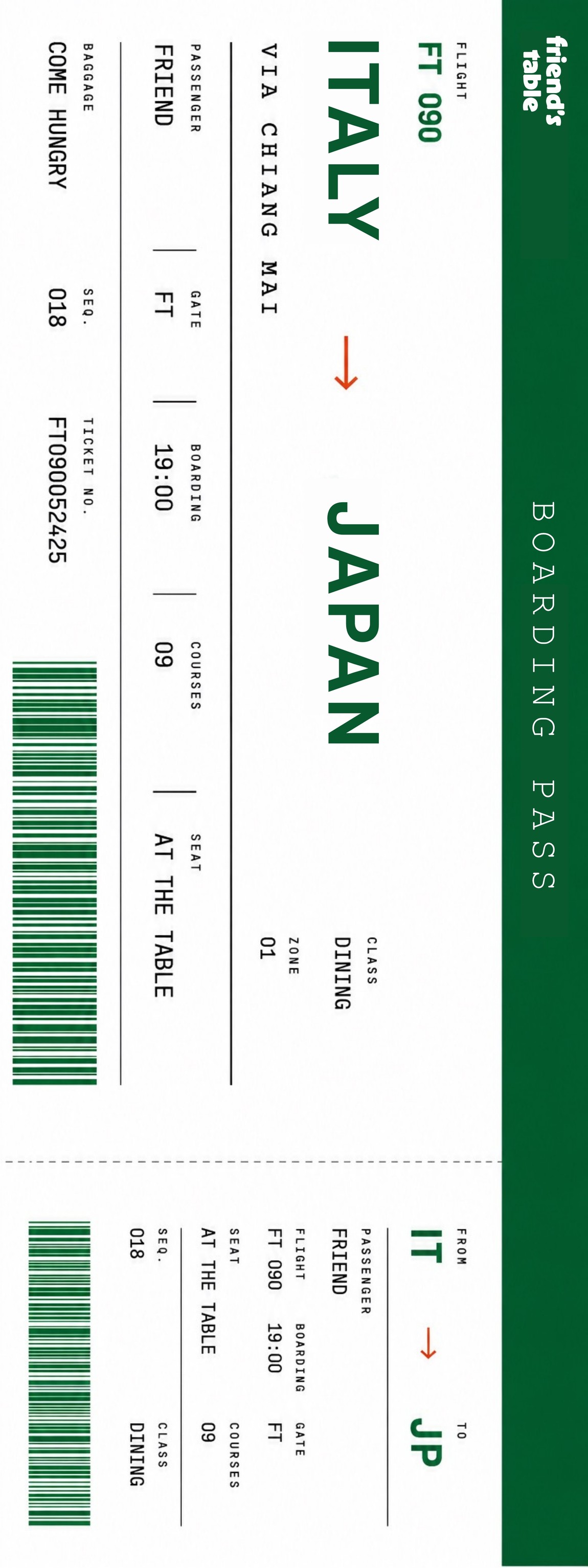 Friend's Table boarding pass — Italy to Japan, nine courses, boarding 19:00